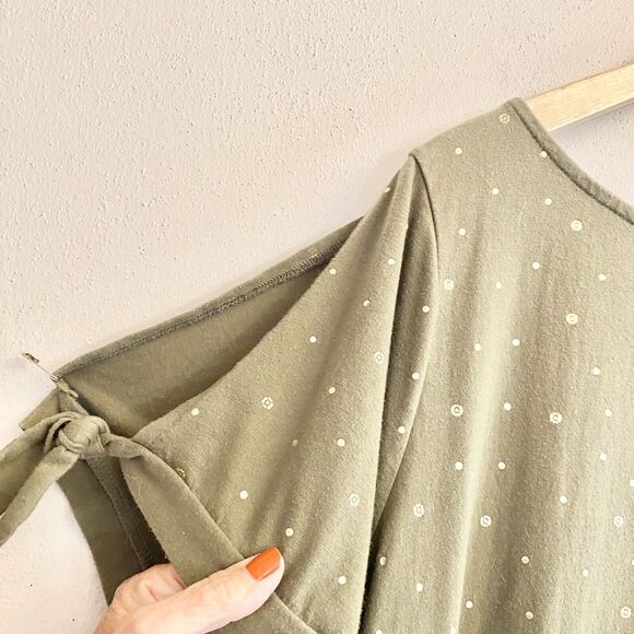 Lane Bryant Women’s‎ Shirt 22/24 Olive Cold Shoulder Sleeve Gold Accent Print - Picture 4 of 9